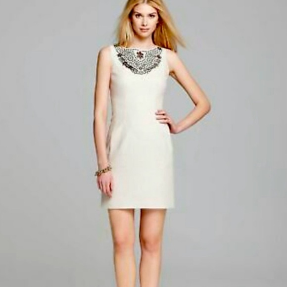 Kate Spade Domino Size 0 Shift Dress Cream Linen elegant embellished neckline - Picture 4 of 11